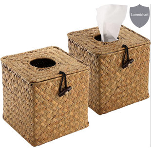 MENGGUTONG 2 Piece Square Seagrass Facial Decorative Woven Paper Holder Napkin Dispenser Tissue Box Cover Set (Set of 2)