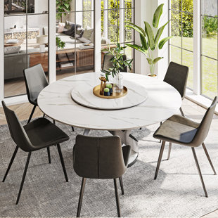 ORREN ELLIS Dotsie Modern Round Dining Table for 6-8, Sintered Stone Tabletop with Lazy Susan, Carbon Steel Base Pre-Assembly