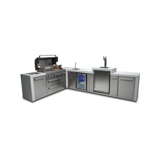 Mont Alpi MAi805-D90KEGBEV 44-inch 6-Burner 115000 BTU 90 Degree Corner Deluxe Stainless Steel Gas Outdoor Kitchen Island Grill + Compact Refrigerator + 3 Beer Tap Keg Dispenser + Infrared Side Burner