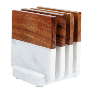LUXEDESIGNS Four Square Acacia Wood and Marble Coasters Set