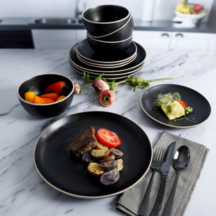 Gibson Home Rockaway Round Stoneware Dinnerware Sets, Service For 4 (12Pcs), Black