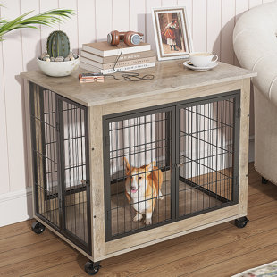 TUCKER MURPHY PET™ 38.5"W Dog Crate Furniture, Wood Dog Crate Table, Dog Kennel With Doors, Flip-Up Top Opening And Wheels, Decorative Pet Crate Dog House