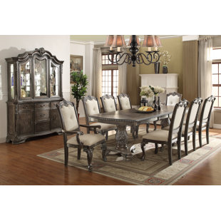 SAFLON Marney Gray Brown Traditional Wood Veneers And Solids Formal Extendable Dining Room Set