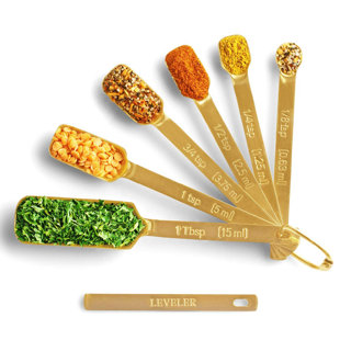 2LB DEPOT 2Lbdepot Gold Measuring Spoons For Baking/Cooking, Set Of 9 Includes Bonus Leveler, Premium Kitchen Use Stainless Steel Metal, Rust Proof, Gold Plated, Narrow, Long Handle Design Fits Into Spice Jars