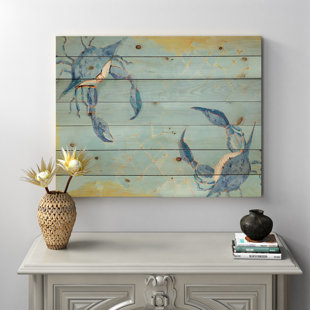 THE TWILLERY CO.® Blue Coastal crab Battle - Nautical & Coastal Print on Natural Pine Wood