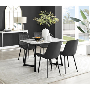 CANORA GREY Industrial Design Grey & White Marble Effect Melamine Dining Table Set with 4 Luxury Velvet Chairs