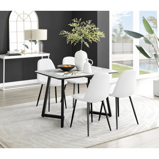 CANORA GREY Industrial Design White & Grey Marble Effect Melamine Dining Table Set with 4 Faux Leather Chairs