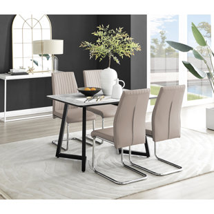 CANORA GREY Industrial Design & Grey White Marble Effect Melamine Dining Table Set with 4 Upholstered Chairs