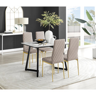 CANORA GREY Industrial Design White & Grey Marble Effect Melamine Dining Table Set with 4 Faux Leather Chairs