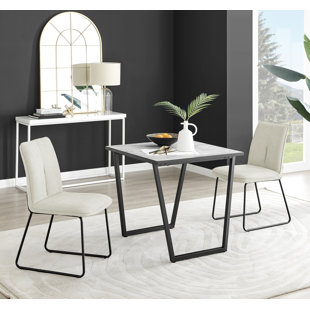CANORA GREY Industrial Design White & Grey Marble Effect Melamine Dining Table and 2 Fabric Dining Chairs
