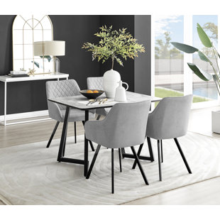 CANORA GREY Industrial Design White & Grey Marble Effect Melamine Dining Table Set with 4 Upholstered Chairs