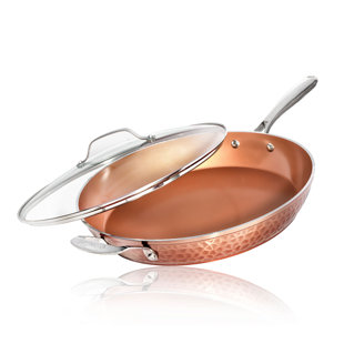 Gotham Steel Hammered Copper 14" Nonstick Family Fry Pan with Helper Handle and Glass Lid, Oven & Dishwasher Safe