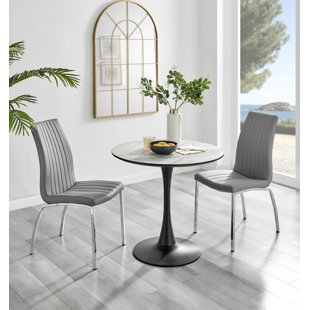 CANORA GREY Ellis White Marble Effect Melamine Round Dining Table Set with 2 Soft Touch Faux Leather Chairs