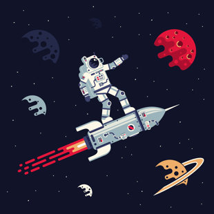 MASON & MARBLES Astronaut In Spacesuit Flies Standing On Rocket In Space Among Planets And Stars On Canvas Print