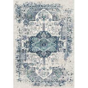 BUNGALOW ROSE Machine Washable Oriental Blue/Green/Gray Area Rug