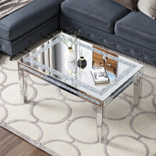 MERCER41 Amla 18"H Diamonds Modern Glass Coffee Table Mirrored Top