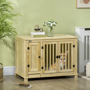 Tucker Murphy Pet™ Wooden Dog Crate Furniture With Cushion, Dog Kennel End Table With Drawer Bowl Storage For Small Dogs, Natural