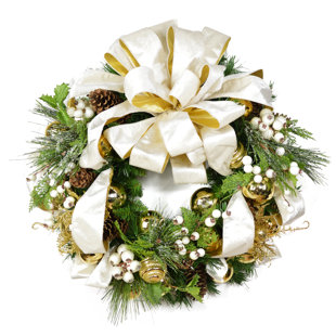 CREATIVE DISPLAYS, INC. Holiday Wreath with Cream and Gold Ribbon, Ornaments and Berries Wreath