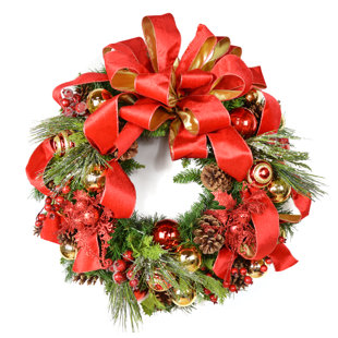 CREATIVE DISPLAYS, INC. Holiday Wreath with Red and Gold Ribbon, Ornaments, Berries and Pinecone Wreath