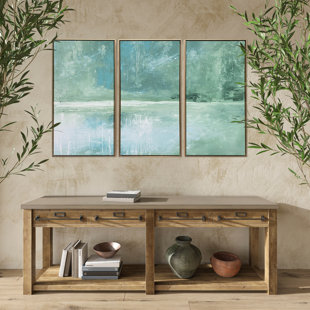 GALLERY 57 The Pond Abstract 3 Piece Set Print on Gold Floating Canvas Framed Wall Art