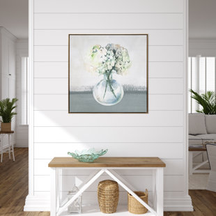 GALLERY 57 Hydrangea in Vase Watercolor Print on Gold Floating Canvas Framed Wall Art