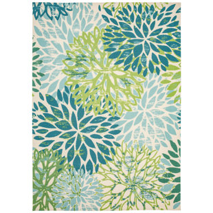 DECOMALL Sunshine Modern Plant Design Performance Outdoor Rug Green/Blue/Ivory