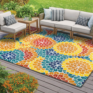 DECOMALL SUNSHINE Floral Outdoor Area Rug Yellow/Red/Blue