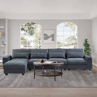 SCHNAPPI 129" Wide Linen Reversible Modular Sofa & Chaise with Ottoman