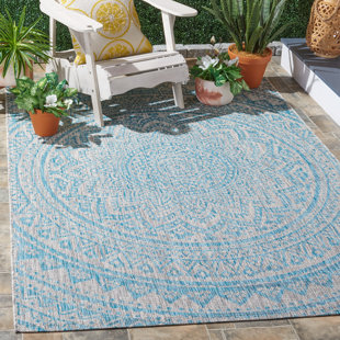 WORLD MENAGERIE Atlanta Hooked Light Grey/Aqua Indoor/Outdoor Rug