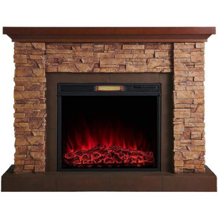 LOON PEAK® Feico Stackstone Electric Fireplace Mantel Package - Stacked Stone Design with Wood Shelf - 1,000 SQ FT