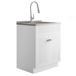 SIMPLI HOME Transitional 28 inch Laundry Cabinet with Faucet and Stainless Steel Sink in White