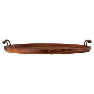 LOON PEAK® Ilirjana Wood Large Oval Decor Brown Tray with Scroll Metal Handles