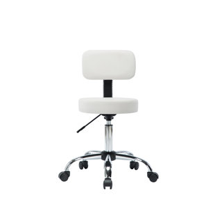 WROUGHT STUDIO™ Darrett Adjustable Drafting Stool with Wheels and Backrest, Faux Leather desk stool, Space-Saving Rolling Stool