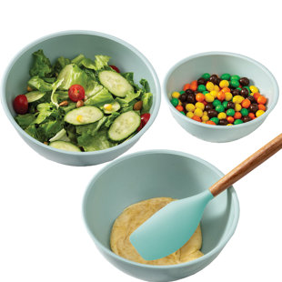 BOLONIE 6-Piece Mixing Bowl With Sealing Cover （Teal）. Give 5 Piece Silicone Cooking Utensils Set Wooden Handle（Aqua）