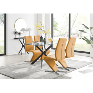 FURNITURE BOX Lenworth Modern Black Metal and Glass Dining Table Set - x4 Luxury Faux Leather Dining Chairs