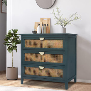 BAY ISLE HOME™ Chused 3 Drawer Accent Cabinet Dresser, Rattan Chest Drawers, Storage Cabinet with Metal Handles