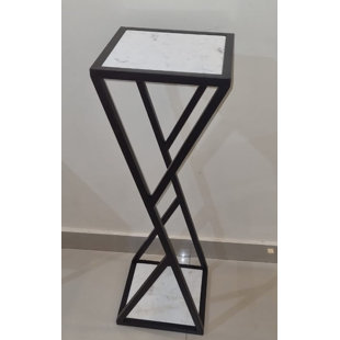 DECORFIT Pedestal 36" Marble Stone Top Bottom 2 Tire Metal Black Powder Coated Plant Stand Home Office Patio