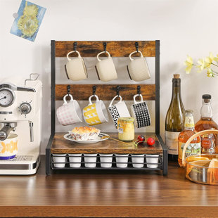 RON TRADING Coffee Pod Drawer, Rustic Coffee Mug Holder Stand, 35 Capsule Capacity, Coffee Station Organizer With Mug Hooks, 2 Tier Countertop Mug Tree Holder Rack TCJ003H