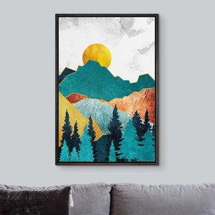 IDEA4WALL Golden Sun Marble Mountain Range Valley Nature Abstract Illustrations Framed On Canvas Print