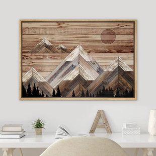IDEA4WALL Western Wood Effect Landscape Sunlight Snowy Mountain Range Sky Nature Wilderness - Floater Frame Graphic Art on Canvas