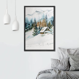 IDEA4WALL Woodland Forest Landscape " Log Cabin Winter Snow Mountain Forest Nature " Painting Print