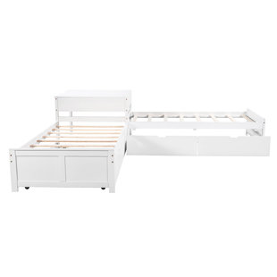 AUDIOHOME L-shaped Platform Bed with Trundle and Drawers Linked with built-in Desk