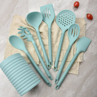 SC0GO 8Pcs Silicone Utensils Set, Cooking Utensils Set With Wheat Straw Handle, Cooking Spoons With Holder, Bpa Free, Heat Resistant
