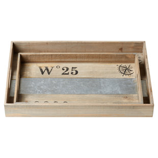 BREAKWATER BAY Wood Decor Brown Tray with Metal Stripe Set