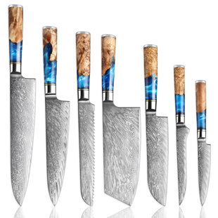 Senken Knives 7-Piece Damascus Steel Japanese Knife Set - Tsunami Collection - Blue Resin Burl Wood Handles