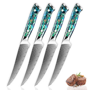 Senken Knives 4-Piece Japanese Damascus Steel Steak Knife Set with Real Abalone Shell Handles, Japanese VG10 Steel