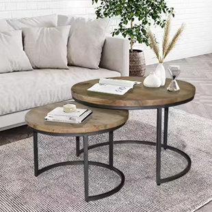 DESIGNE GALLERIE 2 Piece Round Nesting Tables, Mango Wood Top & Metal Base, 30x30x19