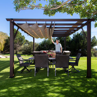 PARAGON-OUTDOOR Modena Wood Grain Aluminum Pergola in Espresso with Mocha Canopy