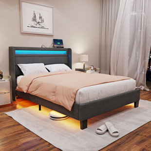 IVY BRONX Dimtry Upholstered Bed with Headboard, LED Lights and USB Power Strips