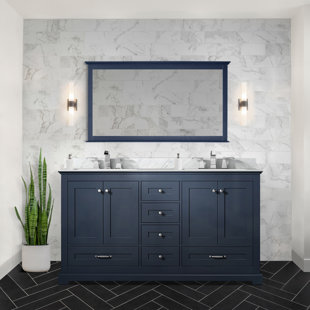 LEXORA Dukes 60" Double Vanity, Carrara Marble Top, White Square Sinks And 58" Mirror